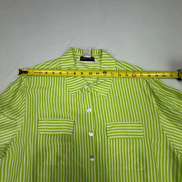 Melrose Silk Studio 100% Silk Lime Green and White Striped Long Sleeve Button Do - Picture 7 of 11